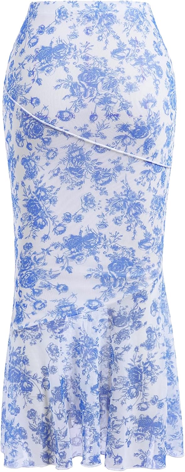 Milumia Women's Floral Mesh Ruffle Hem Fishtail Maxi Long Skirts