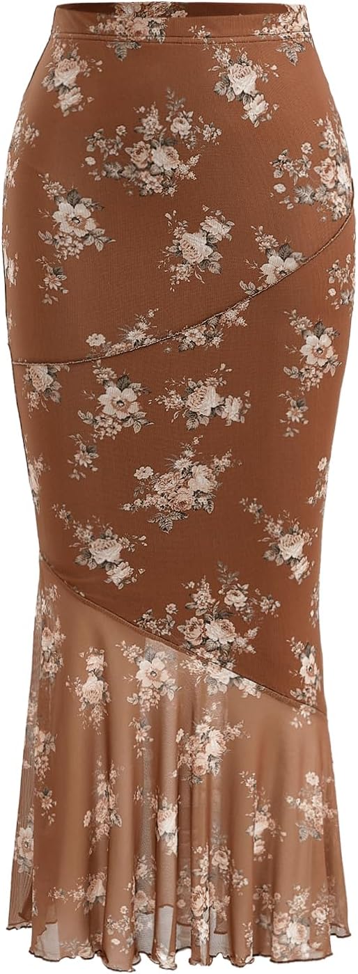 Milumia Women's Floral Mesh Ruffle Hem Fishtail Maxi Long Skirts