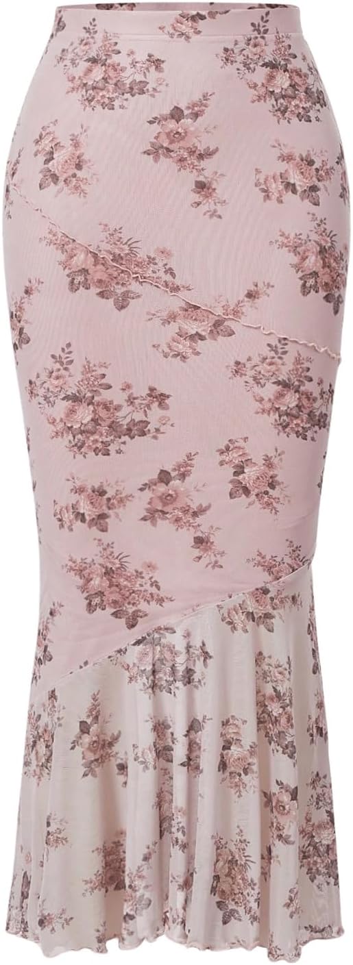 Milumia Women's Floral Mesh Ruffle Hem Fishtail Maxi Long Skirts