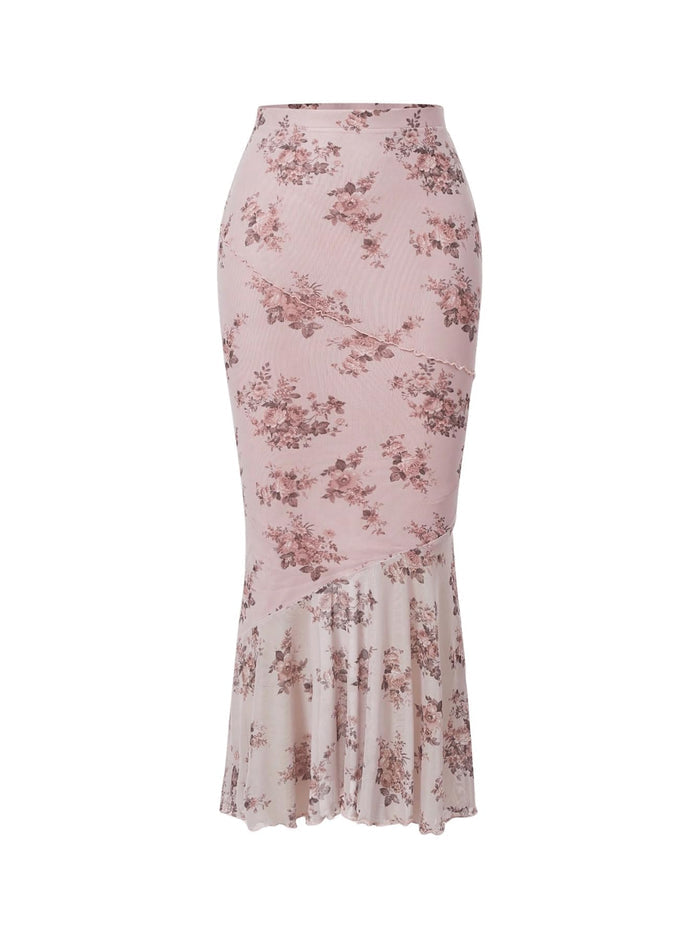Milumia Women's Floral Mesh Ruffle Hem Fishtail Maxi Long Skirts