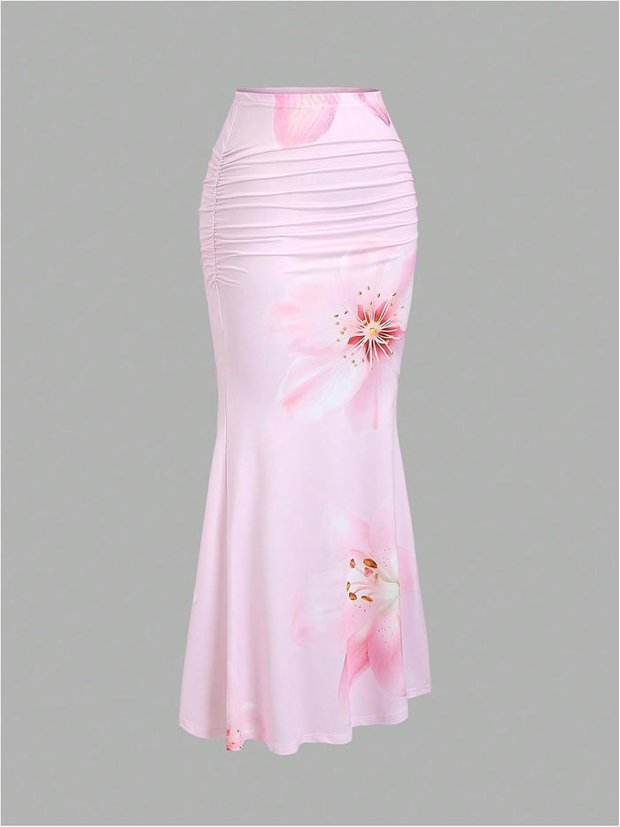 Milumia Women's Floral Print Ruched Long Skirt Fishtail Bodycon Maxi Skirts