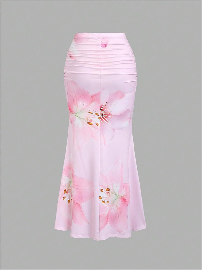 Milumia Women's Floral Print Ruched Long Skirt Fishtail Bodycon Maxi Skirts