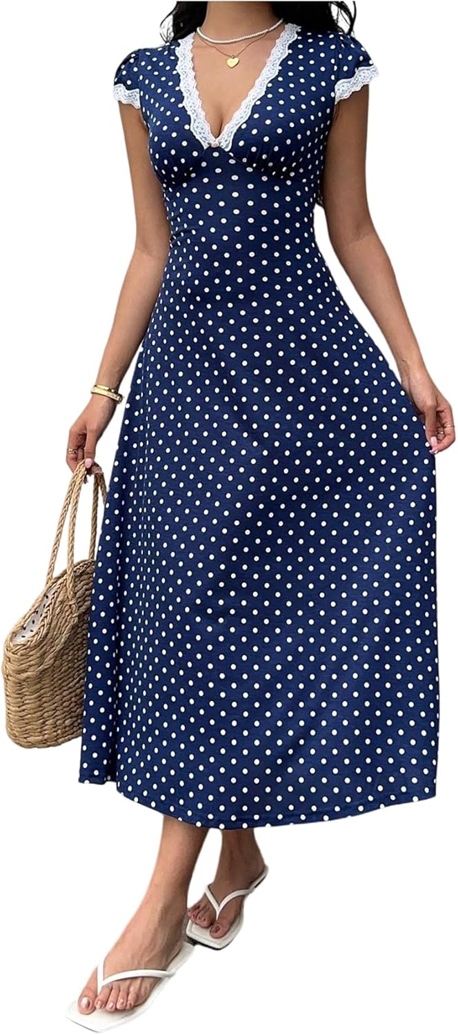Milumia Women's Polka Dots Lace Trim V Neck Dress Short Sleeve Long Dresses