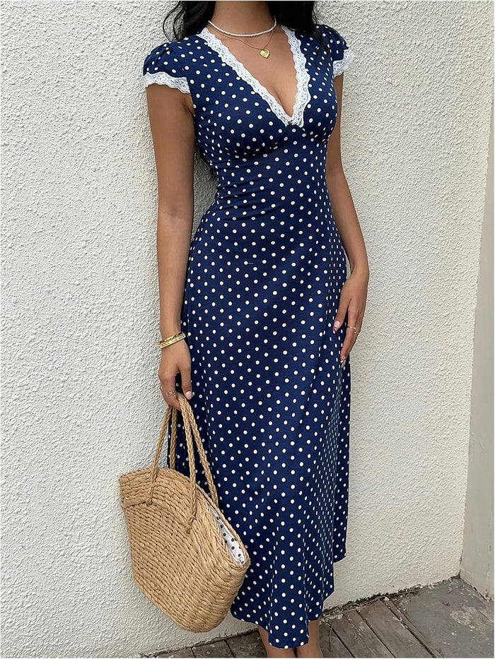 Milumia Women's Polka Dots Lace Trim V Neck Dress Short Sleeve Long Dresses