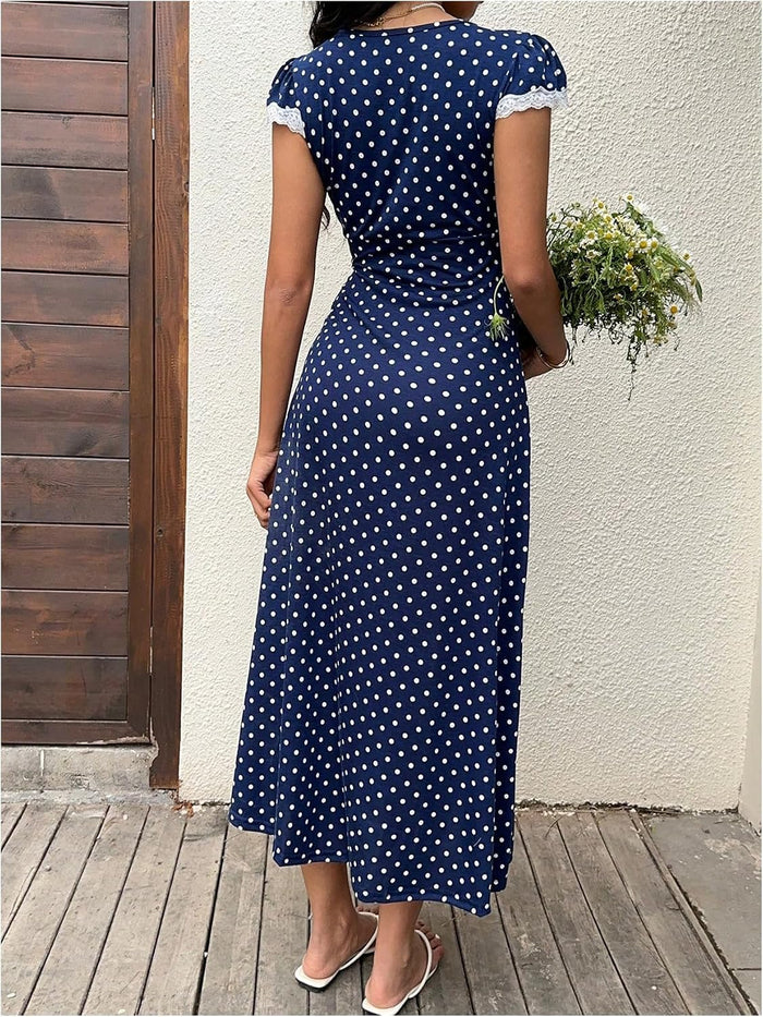 Milumia Women's Polka Dots Lace Trim V Neck Dress Short Sleeve Long Dresses
