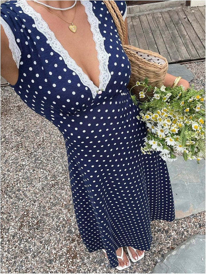 Milumia Women's Polka Dots Lace Trim V Neck Dress Short Sleeve Long Dresses