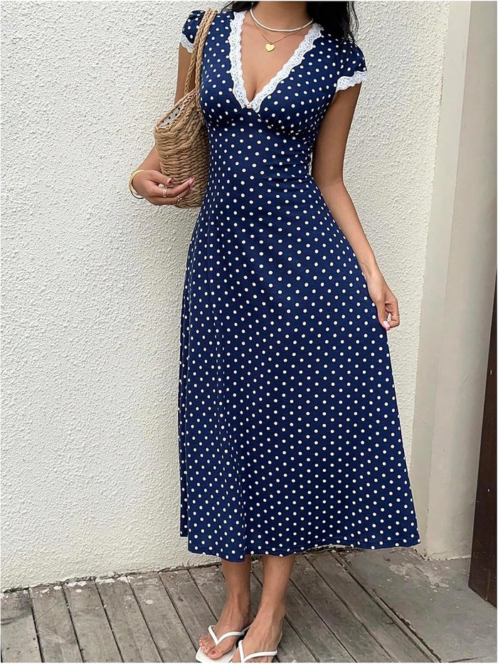 Milumia Women's Polka Dots Lace Trim V Neck Dress Short Sleeve Long Dresses