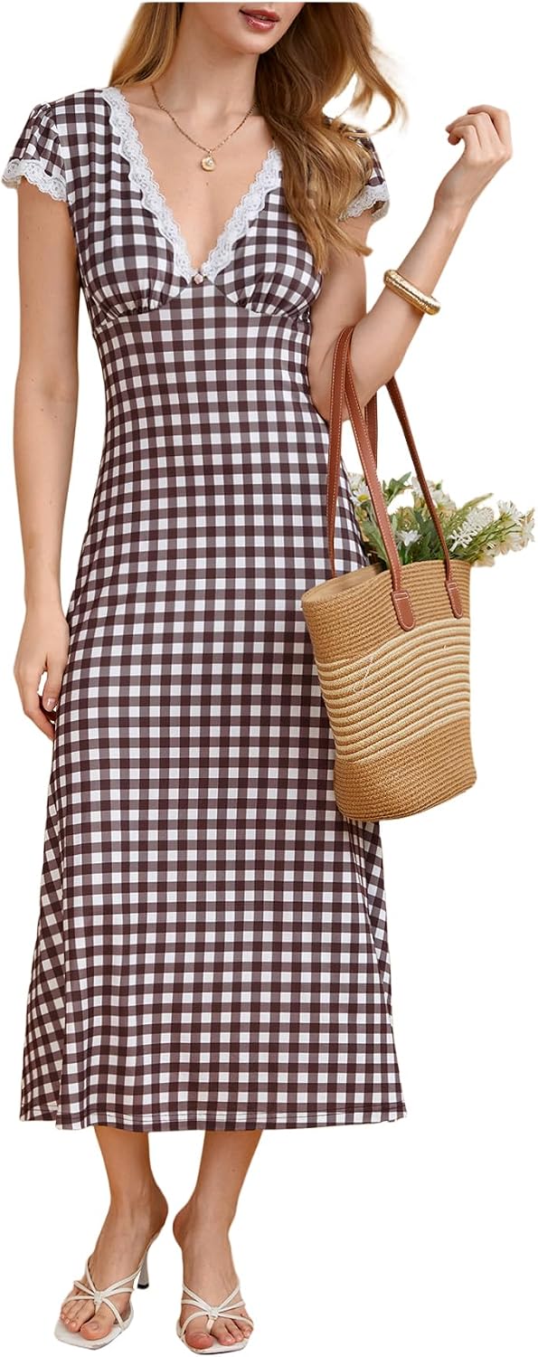 Milumia Women's Polka Dots Lace Trim V Neck Dress Short Sleeve Long Dresses