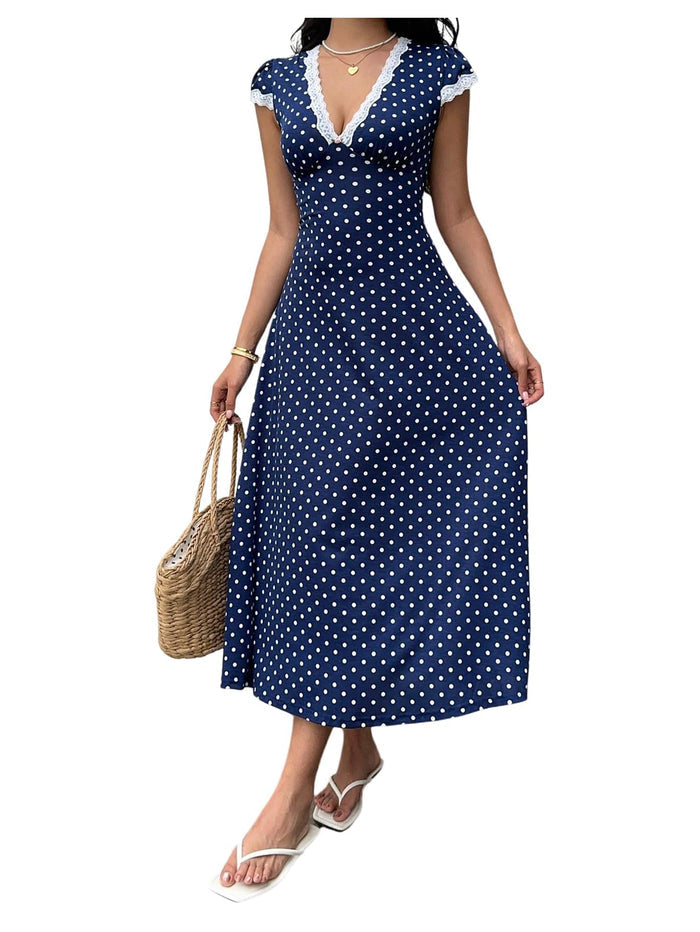 Milumia Women's Polka Dots Lace Trim V Neck Dress Short Sleeve Long Dresses