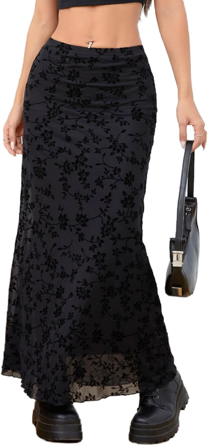 Milumia Women's Y2k Floral Mesh Maxi Skirt Low Waisted Fishtail Goth Skirts