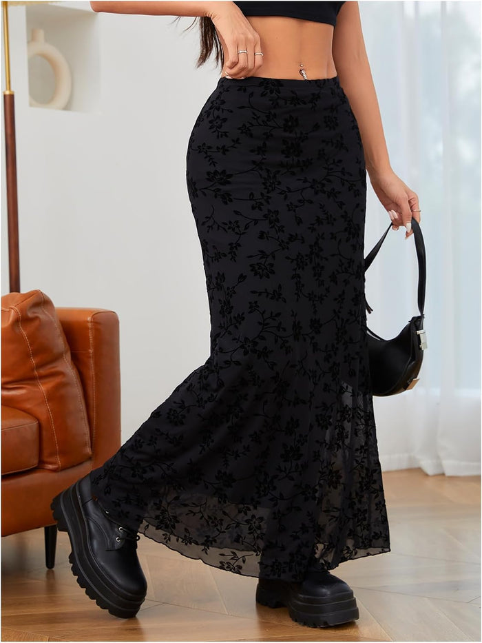 Milumia Women's Y2k Floral Mesh Maxi Skirt Low Waisted Fishtail Goth Skirts
