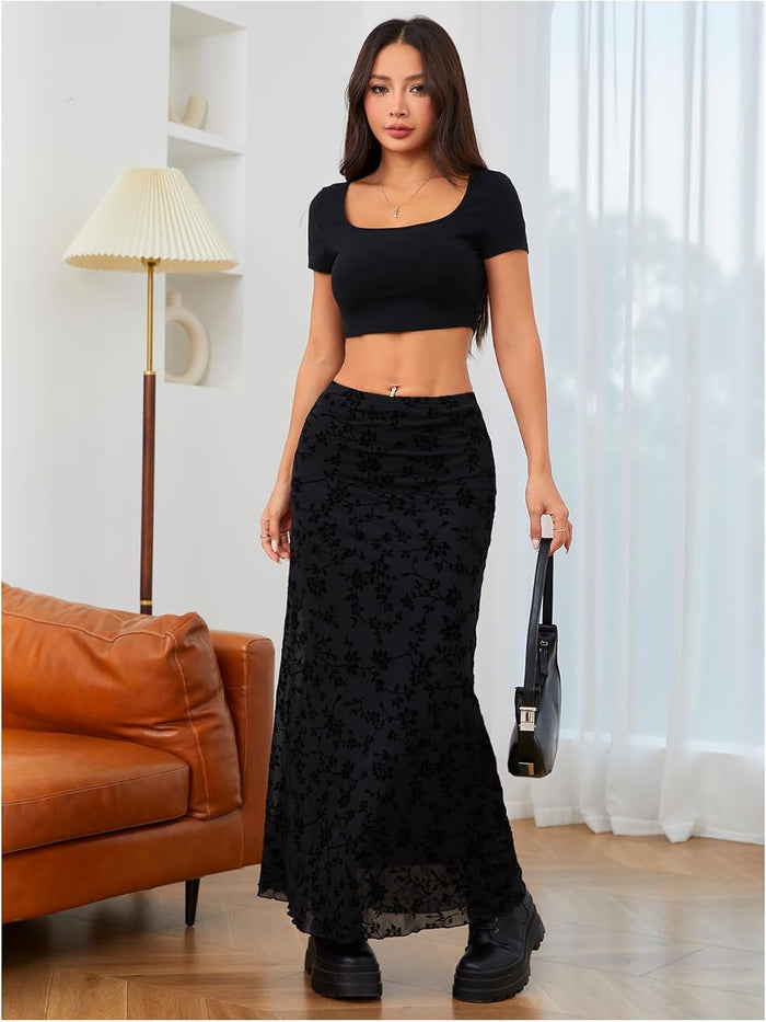 Milumia Women's Y2k Floral Mesh Maxi Skirt Low Waisted Fishtail Goth Skirts