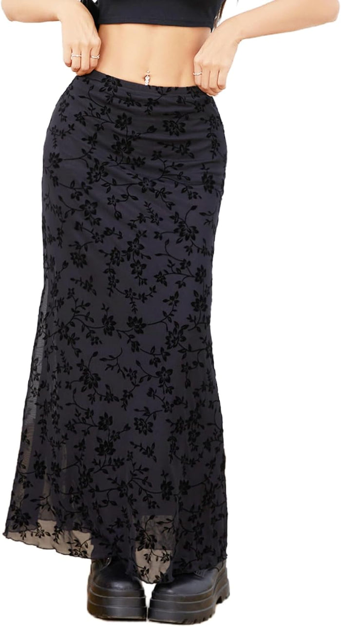 Milumia Women's Y2k Floral Mesh Maxi Skirt Low Waisted Fishtail Goth Skirts