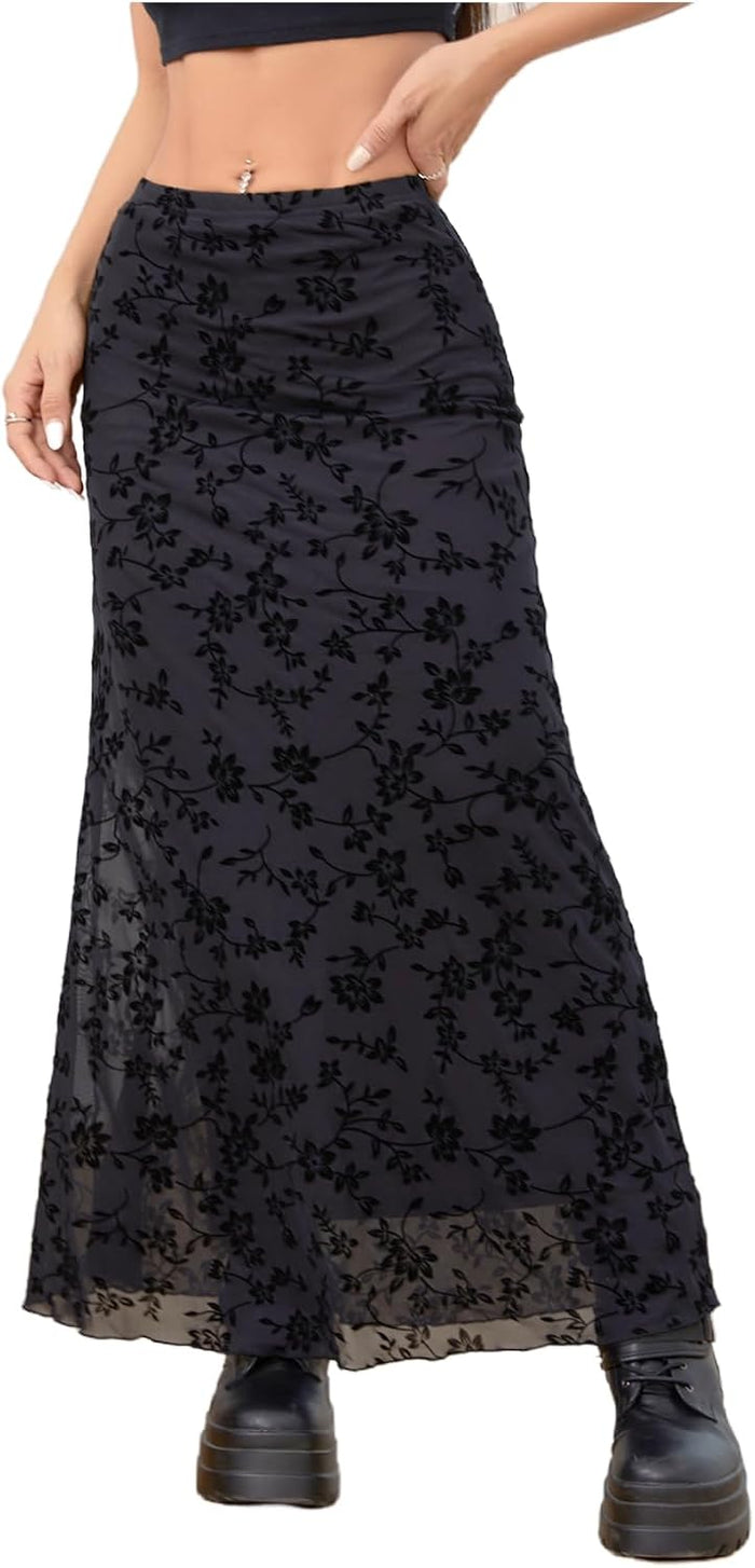 Milumia Women's Y2k Floral Mesh Maxi Skirt Low Waisted Fishtail Goth Skirts
