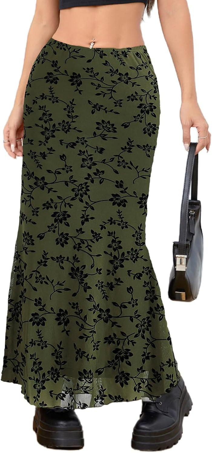 Milumia Women's Y2k Floral Mesh Maxi Skirt Low Waisted Fishtail Goth Skirts