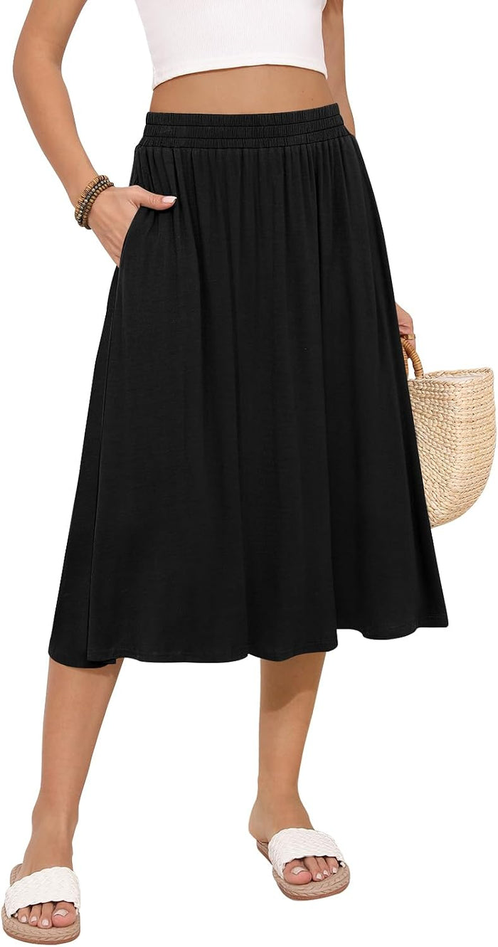 MLXSJ Women's Midi Skirt Summer Flowy Casual Skirts with Pockets S-3XL