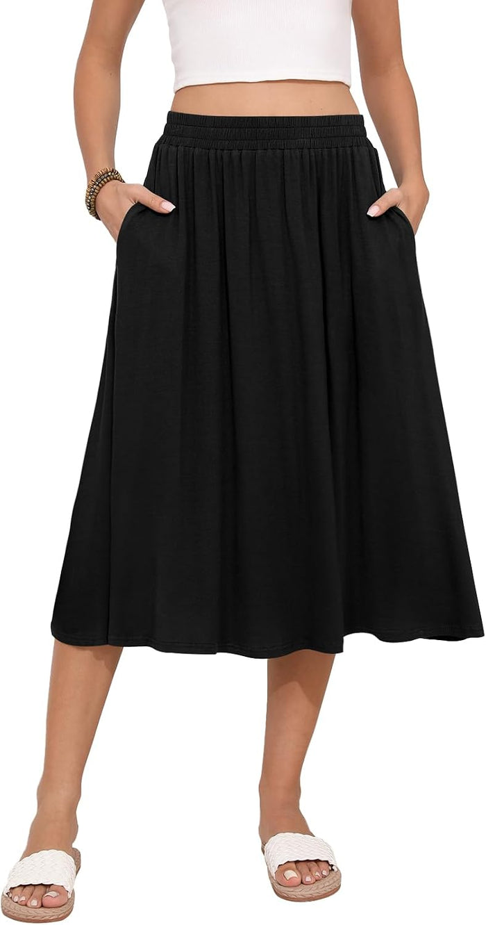 MLXSJ Women's Midi Skirt Summer Flowy Casual Skirts with Pockets S-3XL