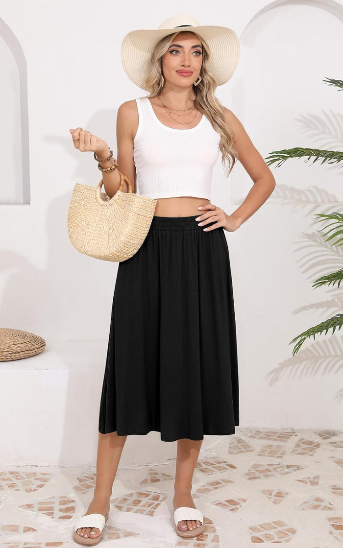 MLXSJ Women's Midi Skirt Summer Flowy Casual Skirts with Pockets S-3XL