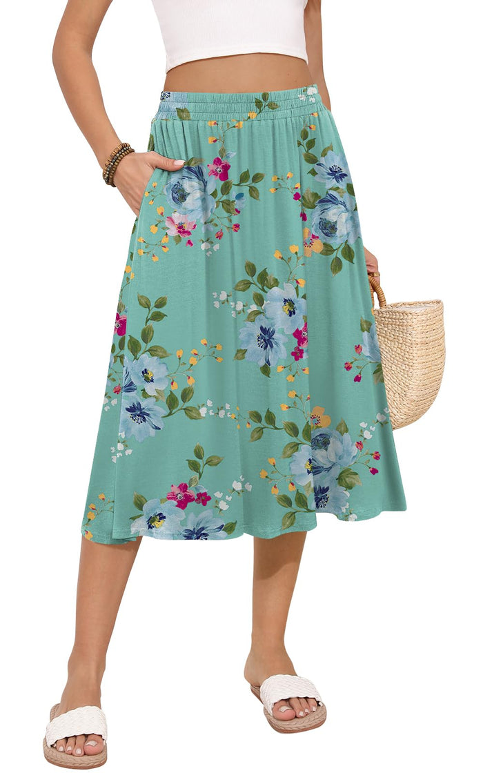MLXSJ Women's Midi Skirt Summer Flowy Casual Skirts with Pockets S-3XL