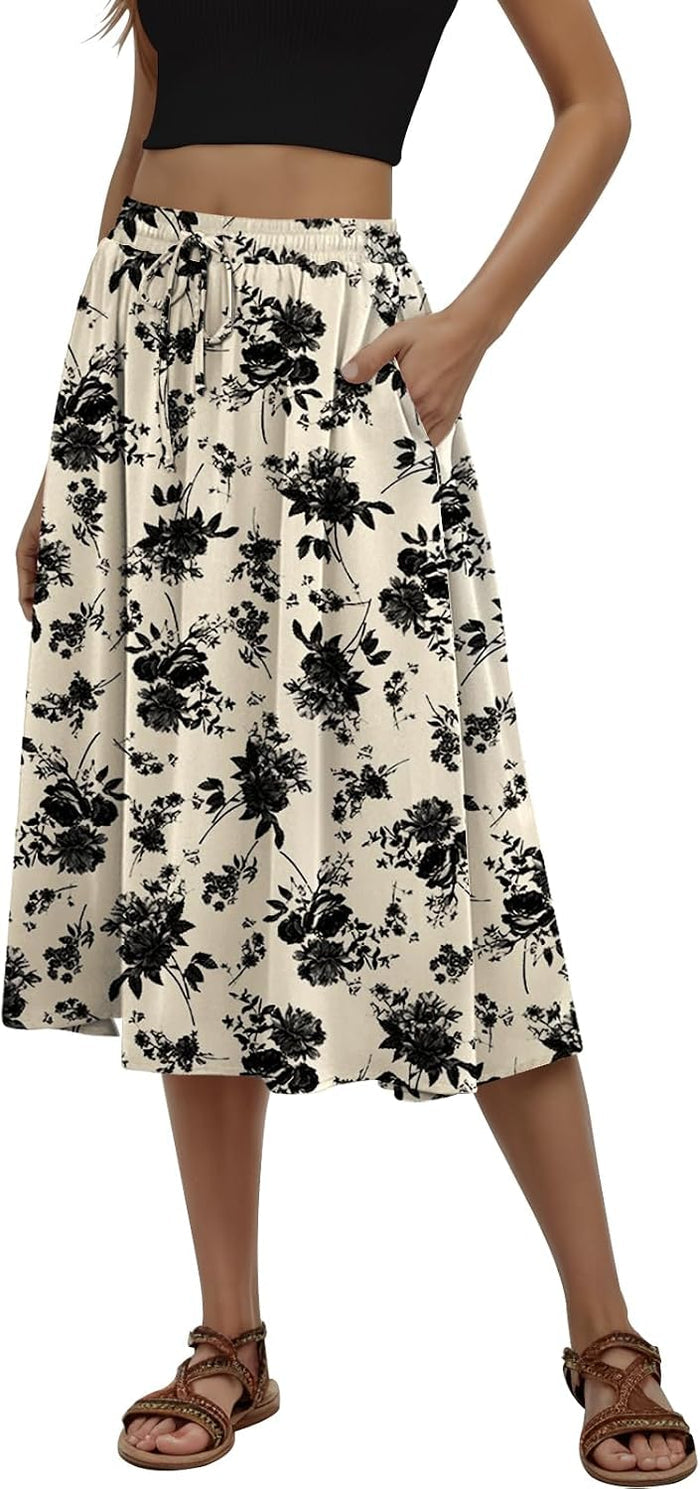 MLXSJ Women's Midi Skirt Summer Pleated Flowy Skirts with Pockets S-3XL