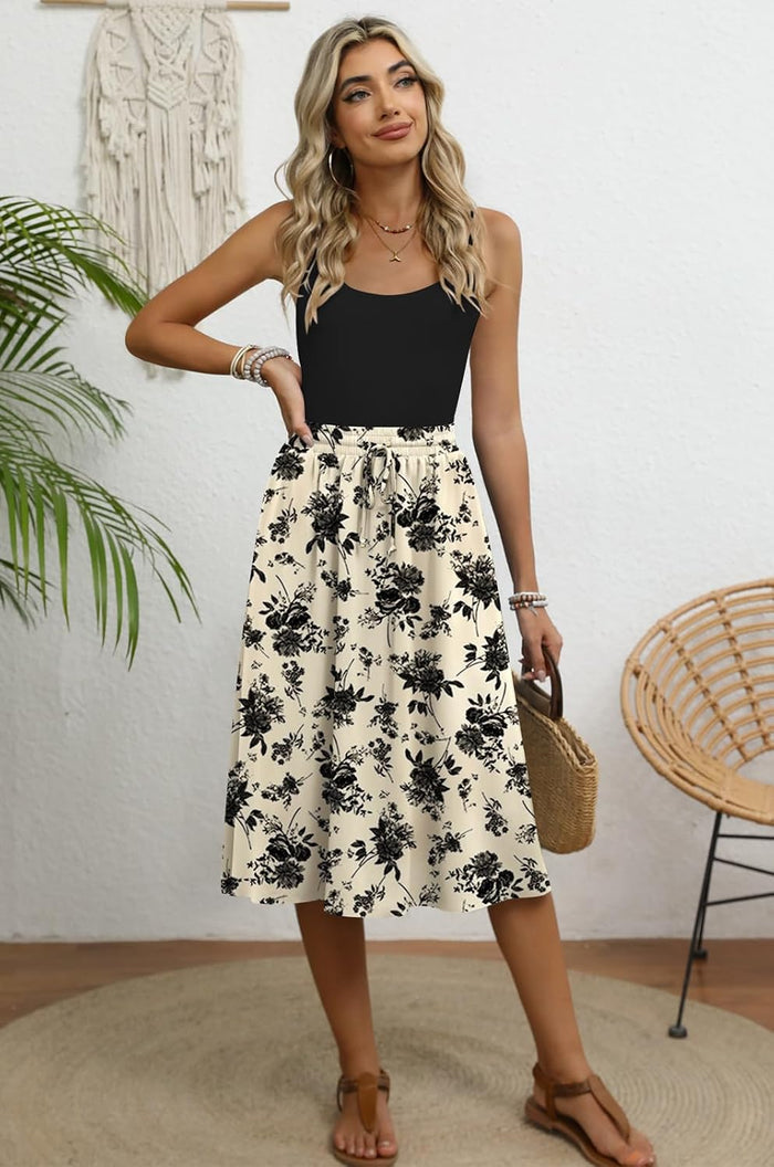 MLXSJ Women's Midi Skirt Summer Pleated Flowy Skirts with Pockets S-3XL
