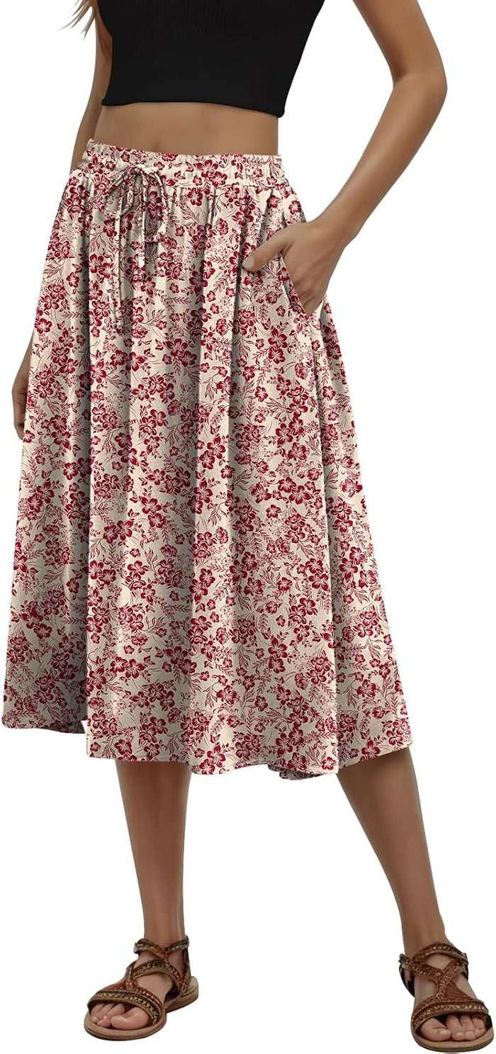 MLXSJ Women's Midi Skirt Summer Pleated Flowy Skirts with Pockets S-3XL