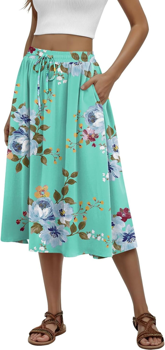 MLXSJ Women's Midi Skirt Summer Pleated Flowy Skirts with Pockets S-3XL