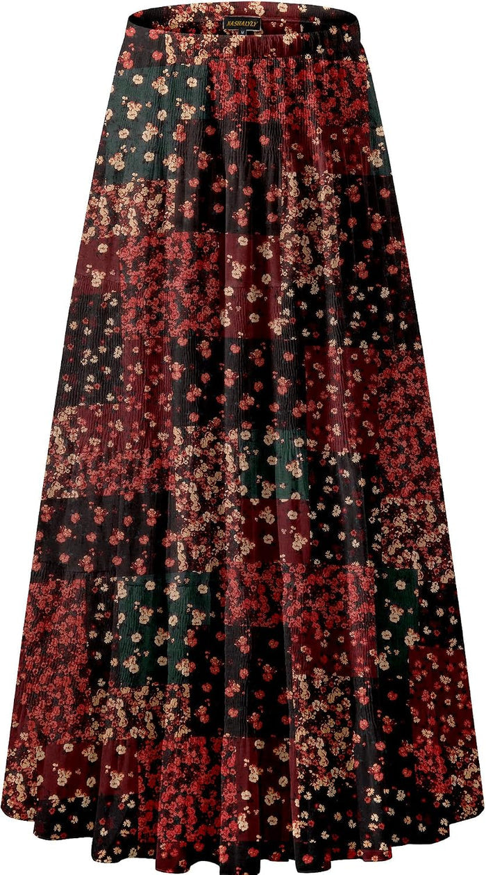 NASHALYLY Women's Chiffon Elastic High Waist Pleated A-Line Maxi Skirts