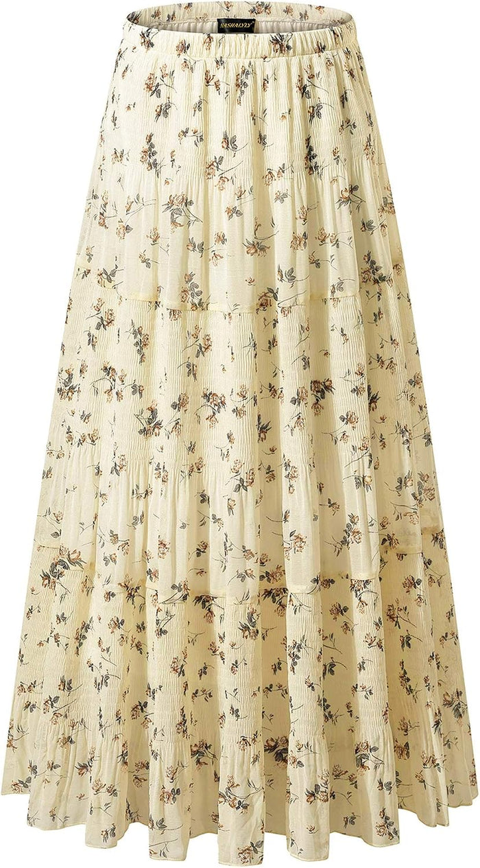 NASHALYLY Women's Chiffon Elastic High Waist Pleated A-Line Maxi Skirts