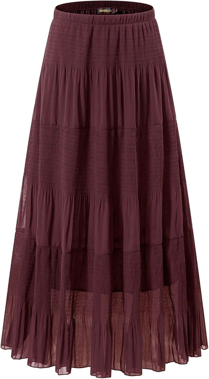 NASHALYLY Women's Chiffon Elastic High Waist Pleated A-Line Maxi Skirts