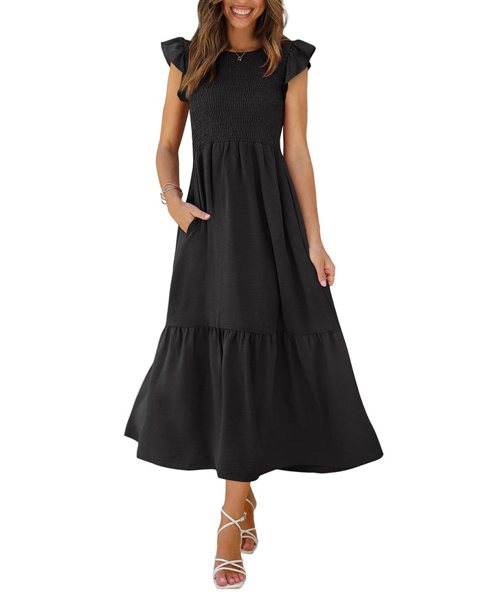 OFEEFAN Women's Casual Maxi Dresses with Pockets Ruffle Sleeve Smocked Dress XS-2XL