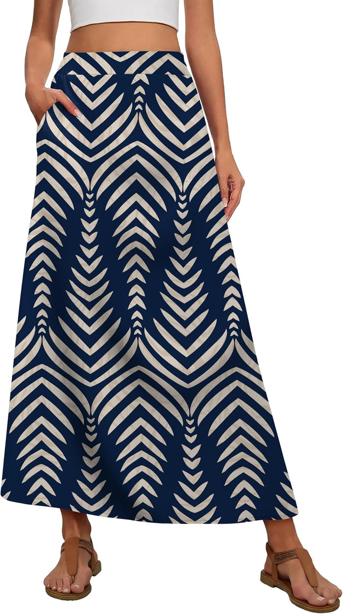 OFEEFAN Womens Maxi Long Skirts with Pockets Stretchy Spring Summer Boho Casual Flowy Trendy