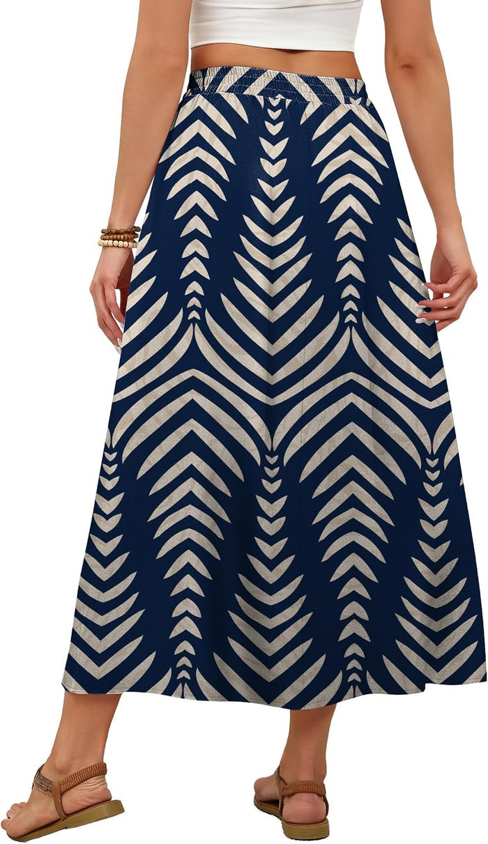 OFEEFAN Womens Maxi Long Skirts with Pockets Stretchy Spring Summer Boho Casual Flowy Trendy