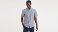 Front view of model wearing Basinni Navy Blazer Essential Button-Up Shirt, Classic Fit.