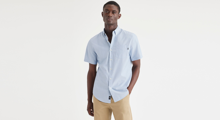 Front view of model wearing End On End Delft Essential Button-Up Shirt, Classic Fit.
