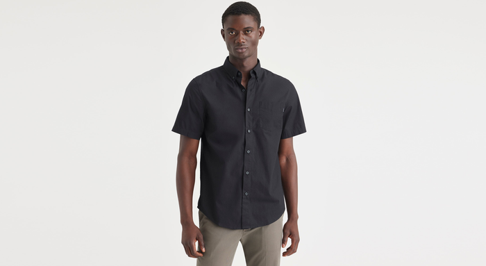 Front view of model wearing Beautiful Black Essential Button-Up Shirt, Classic Fit.