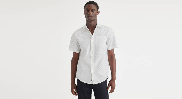 Front view of model wearing Glimmer Navy Blazer Essential Button-Up Shirt, Classic Fit.