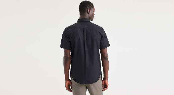 Back view of model wearing Beautiful Black Essential Button-Up Shirt, Classic Fit.