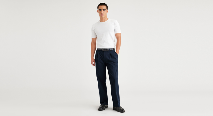Front view of model wearing Navy Blazer Essential Chinos, Pleated, Classic Fit.