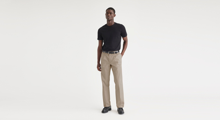 View of model wearing Timber Wolf Essential Chinos, Pleated, Classic Fit.