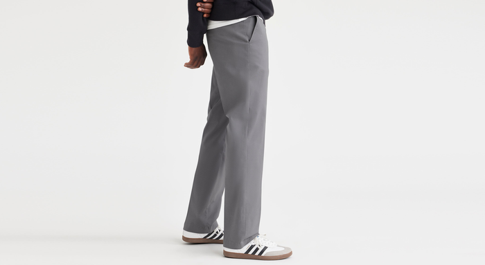 View of model wearing Car Park Grey Essential Chinos, Straight Fit.