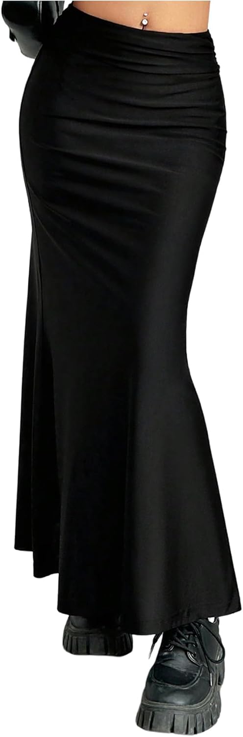 OYOANGLE Women's Low Waisted Ruched Fishtail Skirts Y2K Bodycon Maxi Going Out Skirt
