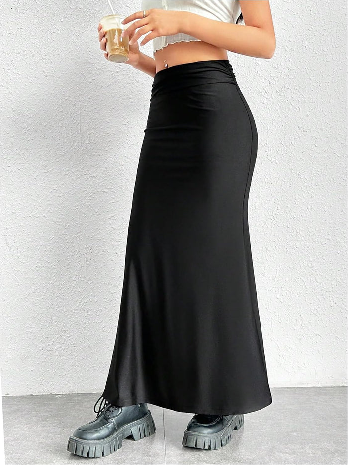 OYOANGLE Women's Low Waisted Ruched Fishtail Skirts Y2K Bodycon Maxi Going Out Skirt