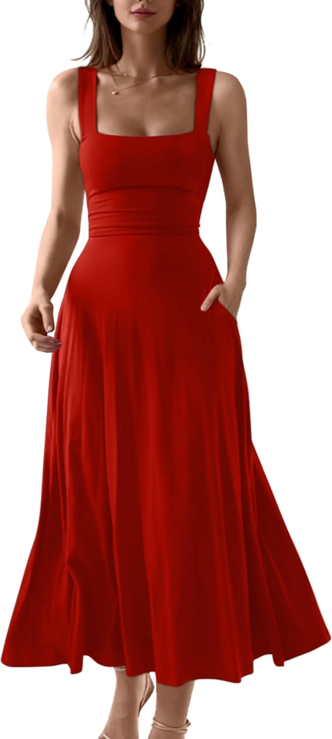 OYS Women's Casual Sleeveless Square Neck A-Line Flowy Long Dress