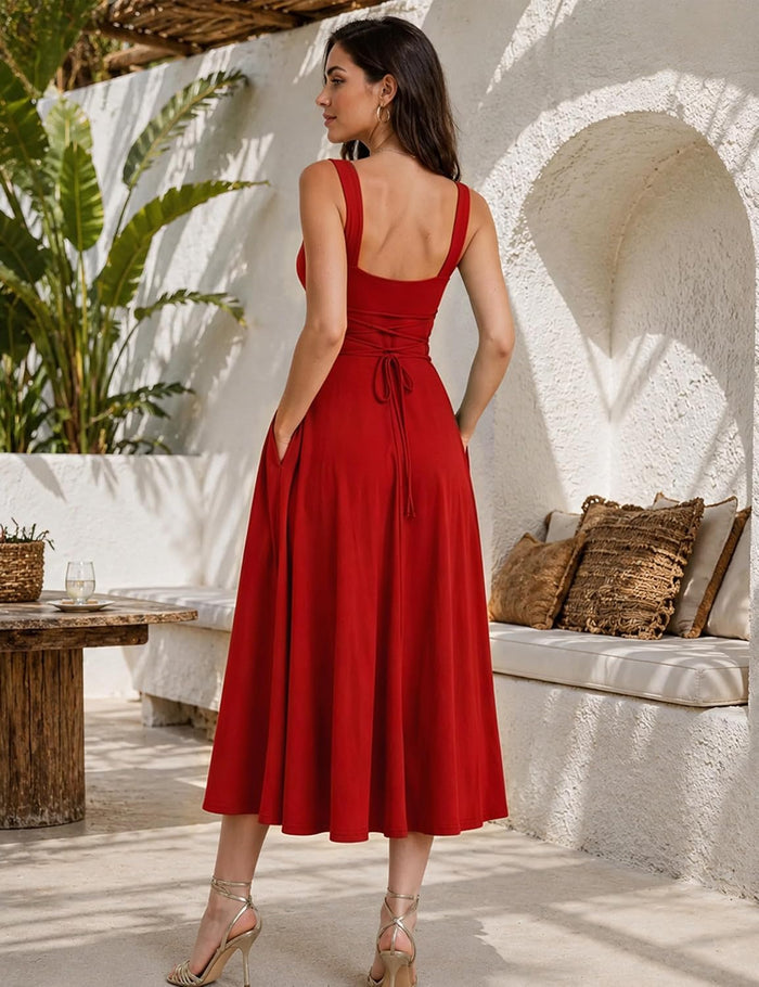 OYS Women's Casual Sleeveless Square Neck A-Line Flowy Long Dress