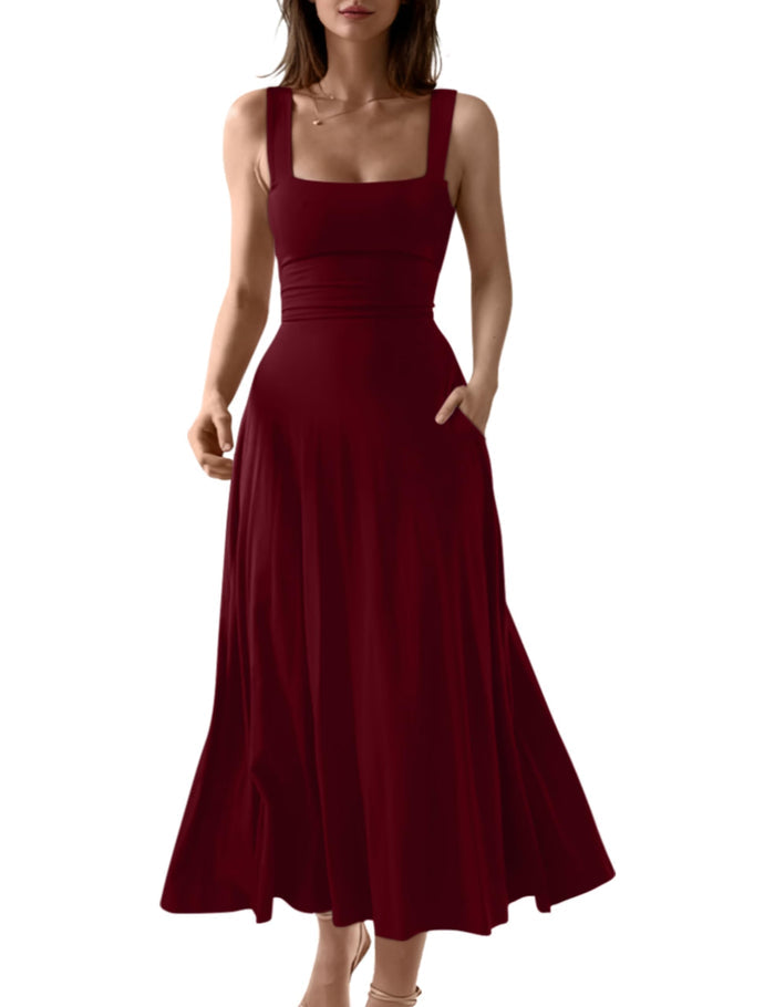 OYS Women's Casual Sleeveless Square Neck A-Line Flowy Long Dress