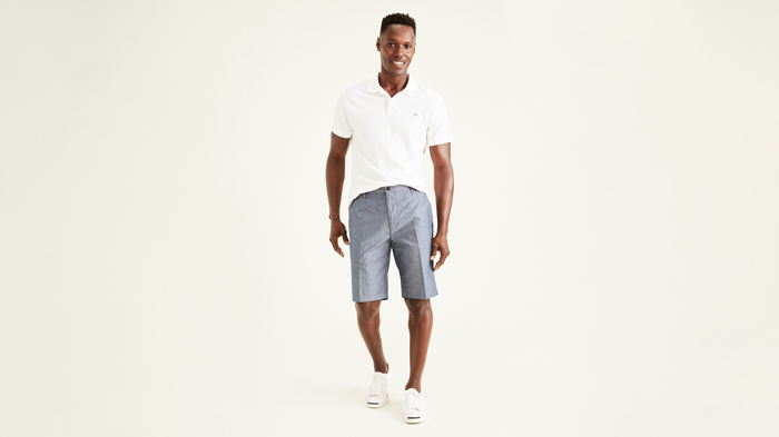 Front view of model wearing Clarke Chambray Faded Navy Perfect 10.5" Shorts.