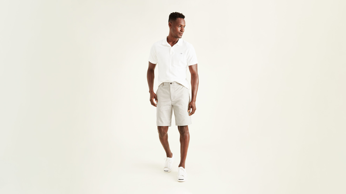 Front view of model wearing Porcelain Khaki Perfect 10.5" Shorts.