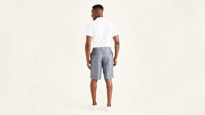 Back view of model wearing Clarke Chambray Faded Navy Perfect 10.5" Shorts.