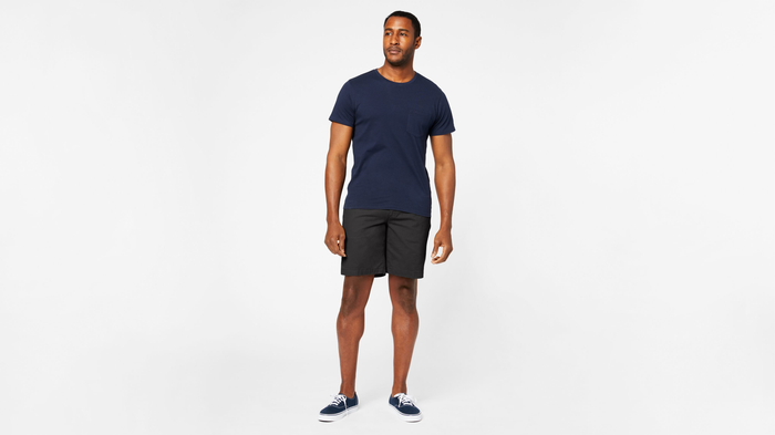 View of model wearing Black Perfect 8" Shorts.